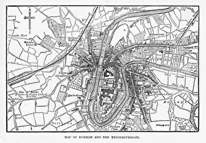 Map of the City of Durham, England Victorian Engraving, 1840 Map of the City of Durham, England Victorian Engraving, 1840