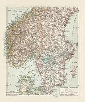 Map of Denmark, Southern Norway and Southern Sweden, lithograph, 1897 Map of Denmark, Southern Norway and Southern Sweden, lithograph, 1897