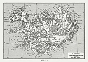 Map of Iceland, wood engraving, published in 1897 Map of Iceland, wood engraving, published in 1897