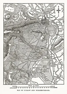 Map of Ludlow, England Victorian Engraving, Circa 1840 Map of Ludlow, England Victorian Engraving, Circa 1840