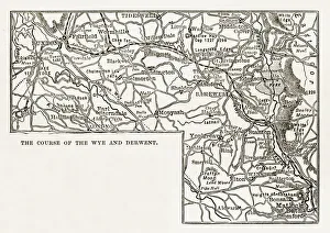 Map, Rivers Wye and Derwen, Derbyshire, England Victorian Engraving, 1840 Map, Rivers Wye and Derwen, Derbyshire, England Victorian Engraving, 1840