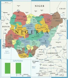 Prints of Nigeria is located in western Africa. Nigeria is bordered by the Gulf of Guinea, Benin to the west, Niger to the north, and Chad and Cameroon to the east Mammal Prints: Coloured Map of Nigeria Print with Flag, Western Africa