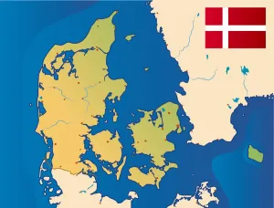 Prints of Cartoon map of Denmark Map Prints: Denmark Cartoon Map Print - Colorful Illustration of Denmark