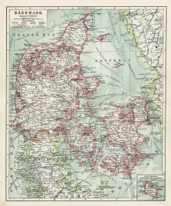 Prints of Meyers hand-Atlas Leipzig und Wien Verlag des Bibliographischen Instituts 1900 Map Prints: Denmark Map Print 1900 Meyers Atlas