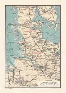 Prints of Map of Schleswig-Holstein, northernmost state of Germany. Lithograph, published in 1887 Denmark Prints: Map of Schleswig-Holstein, 1887 Print