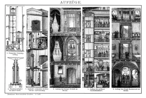 Prints of Antique illustration engraving of various elevators Map Prints: Historical Elevators Print: Antique Engraving Illustration