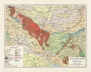 Historical Maps Germany Prints: Geological map of Thuringia, Germany, lithograph, published in 1897