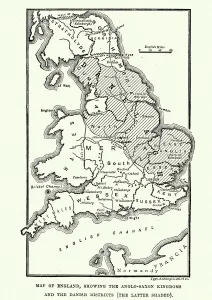 Prints of Vintage engraving of a Map of Anglo-Saxon Kingdoms and the Danelaw, 9th Century Map Prints: 9th Century Anglo-Saxon Kingdoms Map Print