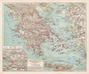 Prints of Meyers hand-Atlas Leipzig und Wien Verlag des Bibliographischen Instituts 1900 Map Prints: Meyers 1900 Map of Greece Print