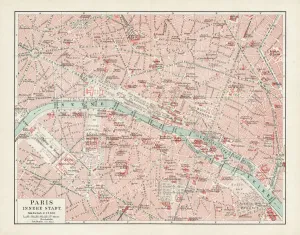 France Prints: Map of Paris 1900 Meyers Hand-Atlas Print