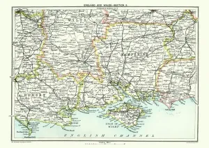 Prints of Antique Map of Map of South East England, showing Hampshire, Dorset, Wiltshire, and the Isle of Wight 1891 Hampshire Prints: 1891 Antique Map Print of South East England