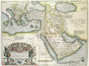 Prints of Map of the Middle East, from Theatrvm Orbis Terrarvm, 1570 (hand coloured engraving) (Photo by Art Images via Getty Images) Abraham Ortelius Prints: 1570 Hand-Coloured Map Print of the Middle East