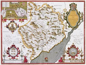 Prints of The Countye of Monmouth, engraved by Jodocus Hondius (1563-1612) from John Speed's Theatre of the Empire of Great Britain, pub John Speed Prints: Hand-coloured copper engraving print of 17th-century Monmouth County map