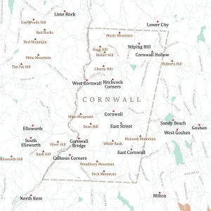 Digital Cartography Design Prints: CT Litchfield Cornwall Vector Road Map
