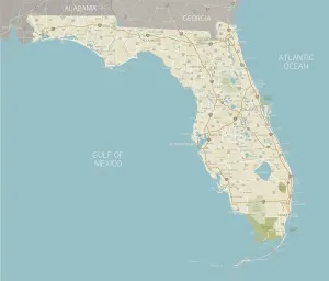 Prints of A detailed map of Florida state with cities, roads, major rivers, and lakes plus National Parks and National Forests. Includes neighboring states and surrounding water Nesophontidae Prints: Florida State Map Print with Cities and Waterways