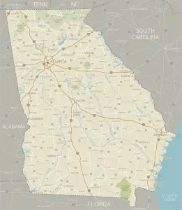 Prints of A detailed map of Georgia state with cities, roads, major rivers, and lakes. Includes neighboring states and surrounding water Nesophontidae Prints: Georgia State Map Print: Cities, Roads, Rivers & Lakes