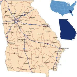 Prints of illustration of Georgia state road and highway map for your design and products Map Prints: Georgia Road Map Print: Vintage State Highway Illustration