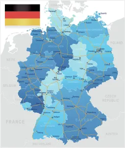Prints of Highly detailed map of Germany with roads, administrative divisions and cities Map Prints: Germany Road Map Print: Highly Detailed Reference Map