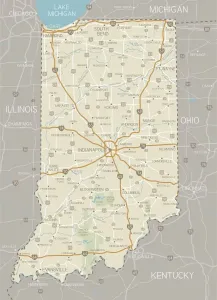 Prints of A detailed map of Indiana state with cities, roads, major rivers, and lakes plus National Forests. Includes neighboring states and surrounding water Nesophontidae Prints: Indiana State Map Print: Cities, Roads, and Waterways