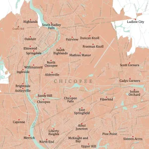 Vector City Maps USA Prints: MA Hampden Chicopee Vector Road Map