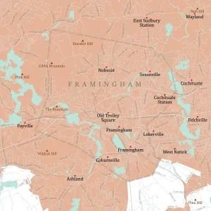 Digital City Maps USA Prints: MA Middlesex Framingham Vector Road Map