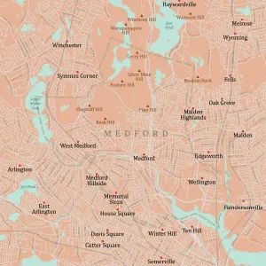 Massachusetts County Map Prints: MA Middlesex Medford Vector Road Map