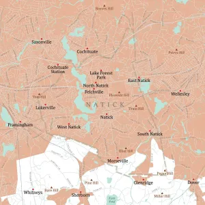 Digitally Generated Cartography Prints: MA Middlesex Natick Vector Road Map