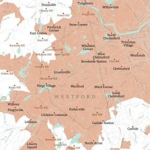 Prints of MA Middlesex Westford Vector Road Map. All source data is in the public domain. U.S. Census Bureau Census Tiger. Used Layers: areawater, linearwater, roads, rails, cousub, pointlm, uac10 Digital Artwork Prints: Westford, MA Vector Road Map Print