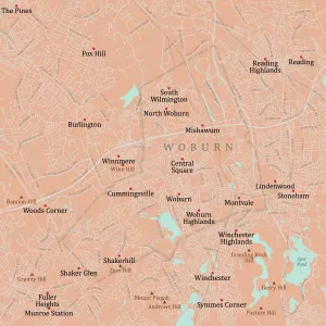 Massachusetts County Map Prints: MA Middlesex Woburn Vector Road Map
