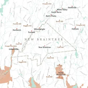 MA Worcester New Braintree Vector Road Map Print