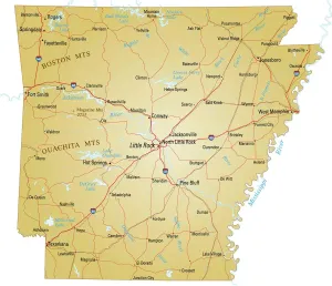Prints of Vector illustration of map of Arkansas with major roads, rivers and lakes Nesophontidae Prints: Arkansas Vector Map Print - Reference Illustration