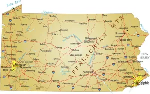 Prints of Vector illustration of map of Pennsylvania with major roads, rivers and lakes Nesophontidae Prints: Pennsylvania Map Print - Vector Reference Illustration