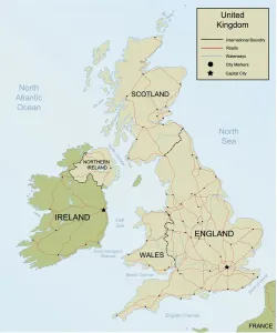 Prints of Detailed Hand drawn map of the United Kingdom and Ireland. Map includes Main roadways, waterways, as well as city and Capital Markers.(All separate Layers) Related Prints: Detailed Hand-Drawn Map of the UK Print