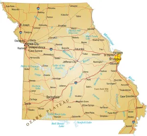 Missouri Map Print with Major Roads and Waterways
