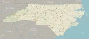 Prints of A detailed map of North Carolina state with cities, roads, major rivers, and lakes. Includes neighboring states and surrounding water Nesophontidae Prints: North Carolina Reference Map Print with Cities and Waterways