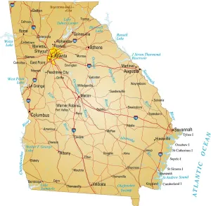 Prints of Vector illustration of map of Georgia with major roads, rivers and lakes Map Prints: Georgia Map Print with Major Roads and Cities
