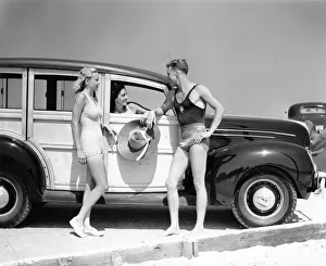 Men & Women In Bathing Suits In Front Of 1938 Ford Wood Body Station Wagon Automobile At Men & Women In Bathing Suits In Front Of 1938 Ford Wood Body Station Wagon Automobile At