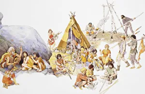 Mesolithic man, gathering around fire in family groups and building dwellings Mesolithic man, gathering around fire in family groups and building dwellings