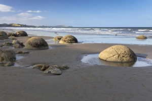 Moeraki Boulders on the beach in the evening light, Moeraki Beach, Hampden, Otago Region, New Zealand Moeraki Boulders on the beach in the evening light, Moeraki Beach, Hampden, Otago Region, New Zealand