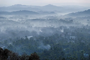 Morning fog over a hilly landscape, Ngapali Beach, Thandwe, Myanmar Morning fog over a hilly landscape, Ngapali Beach, Thandwe, Myanmar