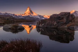 Morning view at Stellisee lake with Matterhorn background Morning view at Stellisee lake with Matterhorn background