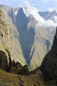 Mountain Pass Print with Sharp Peak and Low Lying Cloud