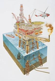 Off-shore oil rig surrounded by sailing fireboat and flying helicopter, underwater cross-section depicting the rigs Off-shore oil rig surrounded by sailing fireboat and flying helicopter, underwater cross-section depicting the rigs
