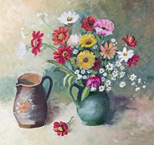 Oil painted flower arrangement still life with two vases Oil painted flower arrangement still life with two vases