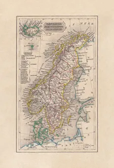 Old map of Scandinavia and Iceland, steel engraving, published 1857 Old map of Scandinavia and Iceland, steel engraving, published 1857