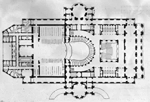 Prints of circa 1865: A floor plan of the Paris Opera house. The building was designed by architect Charles Garnier and opened in 1875 Opera Prints: Paris Opera House Plan Print circa 1865