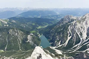 Panoramic view of the Alps from the peak of Mt Seekofel towards the north with Pragser Wildsee Lake, Dolomiti di Braies Panoramic view of the Alps from the peak of Mt Seekofel towards the north with Pragser Wildsee Lake, Dolomiti di Braies