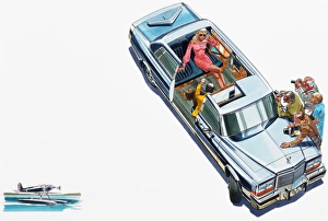 Paparazzi photographing glamorous woman in limousine, elevated view Paparazzi photographing glamorous woman in limousine, elevated view