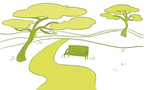 Path winding its way past bench and two trees and disappearing into distance Path winding its way past bench and two trees and disappearing into distance