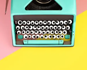 Turquoise Typewriter with Googly Eyes Print